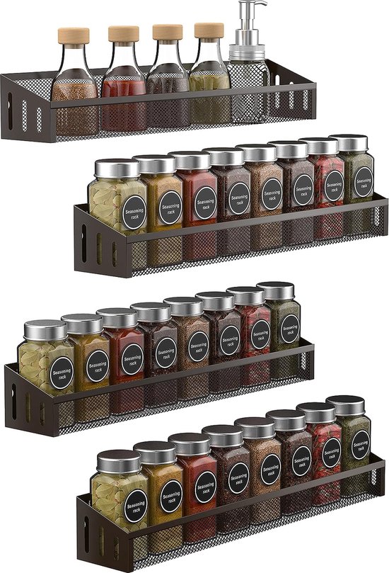 Demoyaya 4-pack kruidenrek organizer wandgemonteerd, kruidenrek planken met lijm of schroef monteerbaar, opslag flessen kruiden organizer voor keuken bijkeuken kast deur
