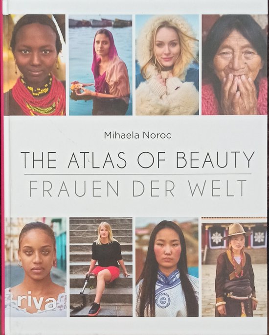 Boekomslag met zes portretten van vrouwen van over de hele wereld en de titel 'The Atlas of Beauty - Frauen der Welt'.