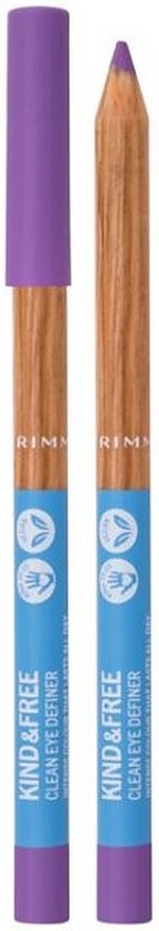Twee paarse oogpotloden, één met kapje en één met punt. Beide met een houten romp en blauw/wit label met de tekst RIMMEL KIND & FREE CLEAN EYE DEFINER.