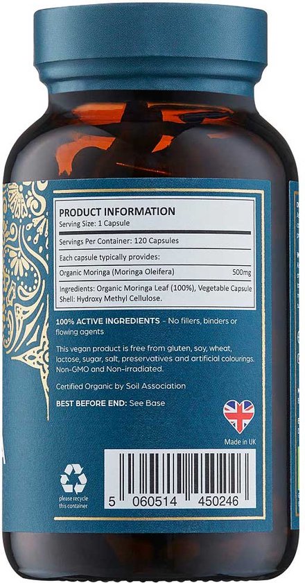 Bruine fles met blauw etiket met gouden ornamenten en productinformatie in het Engels. Bevat 120 plantaardige capsules.