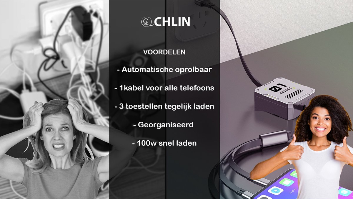 CL CHLIN® Retractable 01 100w USB Oplaadkabel en Datakabel voor iPhone,  Samsung