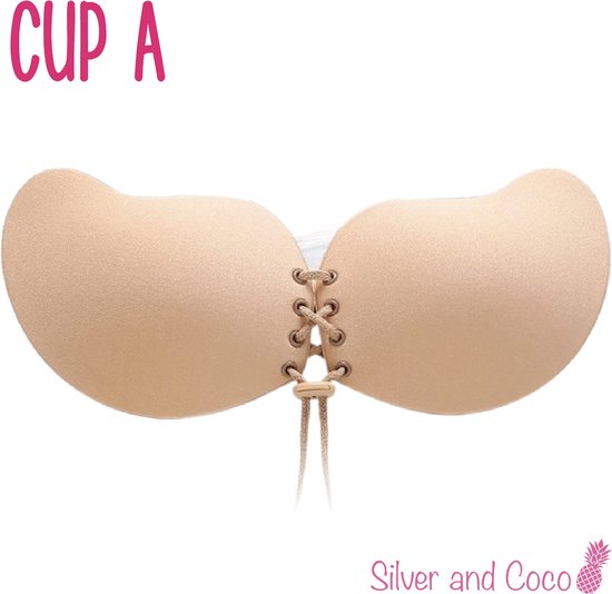 SilverAndCoco® - Push up Plak BH herbruikbaar veter sluiting / Zelfklevende Invisible bh met vetersluiting / Onzichtbare Siliconen Tepel bedekkers BH Pads Silicone Nipple cover Strapless boob lift - Nude / Beige - Cup A