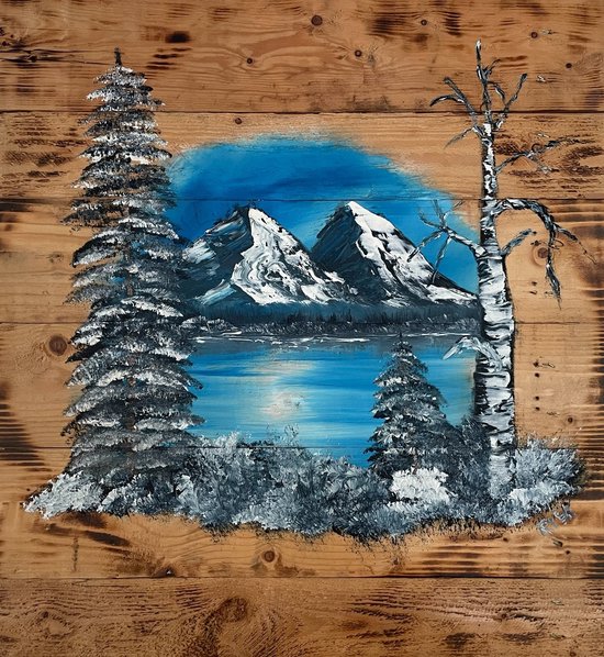 Panneau en bois dans le style du paysage hivernal de Bob Ross