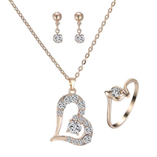 Lumici® | KristalHart Set - Crystal Heart - Gift - Ring - Oorbellen - Ketting - Necklace - Earrings - Hartje - Kristallen - Cadeau Voor Vrouwen - Moederdag Cadeau - Valentijn - Liefde - Verrassing - Goud