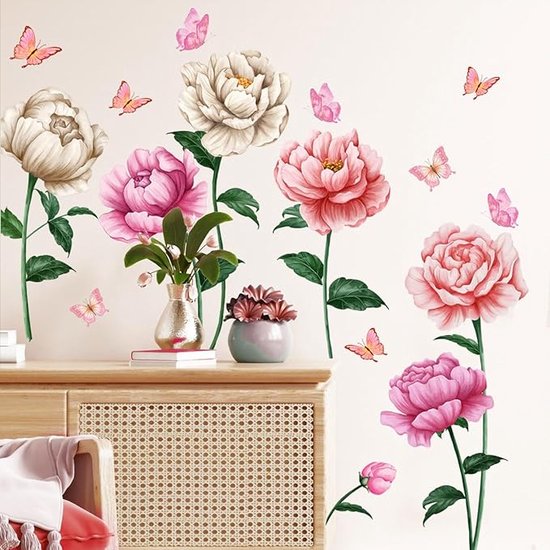 Muursticker salon fleurs papillons rose sticker mural plantes déco papier  peint grand