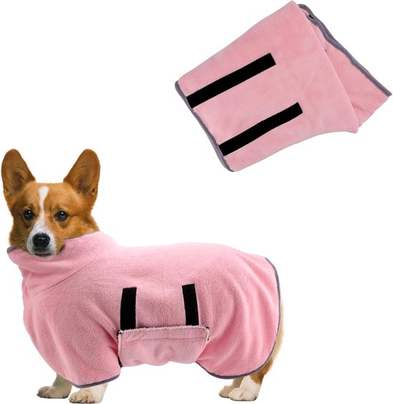 Hondendroogjas, hondenhanddoek, badjas voor kleine, middelgrote honden, badjas, superabsorberende hondendrooghanddoek, zachte verstelbare puppybadjas na het douchen (M/50 cm, roze)