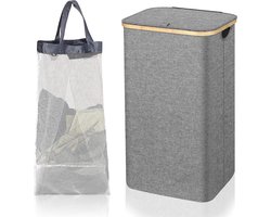 110L wasmand met deksel grote wasmanden met bamboe handvatten draagbare kledingmand voor slaapzaal badkamer grijs opvouwbare wasmand wasmanden voor kast (grijs)