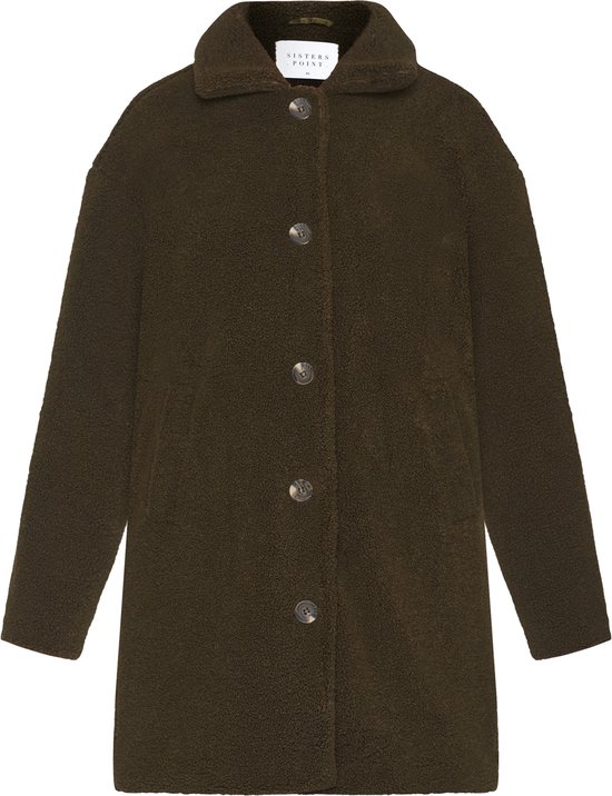 Groene teddy jas van Sisters Point met bruine knopen en reverskraag.