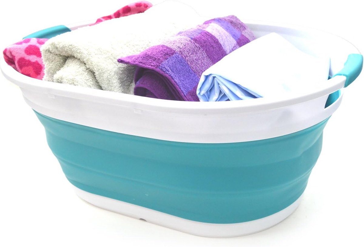 Goedkoopste 39L opvouwbare plastic wasmand - ovale kuip/mand - opvouwbare opbergcontainer - ruimtebesparende wasmand (Hellblau), grootte 61 x 45,5 x 27,3 cm