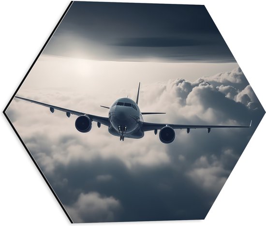 Dibond Hexagon - Vliegtuig Vliegend tussen de Wolken - 40x34.8 cm Foto op Hexagon (Met Ophangsysteem)