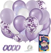 Fissaly 40 stuks Paars, Wit & Lila Helium Ballonnen met Lint – Verjaardag Versiering Decoratie – Papieren Confetti – Latex