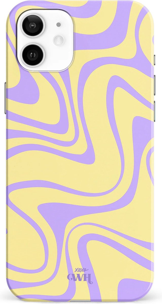 xoxo Wildhearts Sunny Side Up - Double Layer - Hard hoesje geschikt voor iPhone 12 case - Siliconen hoesje iPhone met golven print - Cover geschikt voor iPhone 12 beschermhoesje - geel / paars