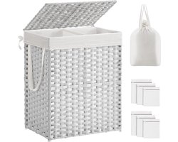Wasmand met deksel, wasverzamelaar, 90 liter, 2 vakken, uitneembare waszak met handgrepen, handgevlochten, voor slaapkamer, badkamer, 33 x 46 x 60 cm, wit, LCB251W01V1