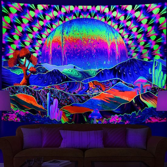 Ulticool - Regenboog Zon Bergen - Glow in the Dark Tapestry Decoratie Magic - Psychedelisch - Blacklight Party Wandkleed Achtergronddoek - 200x150 cm - Backdrop UV Lamp Reactive - Groot wandtapijt - Poster - Neon Fluor Verlichting