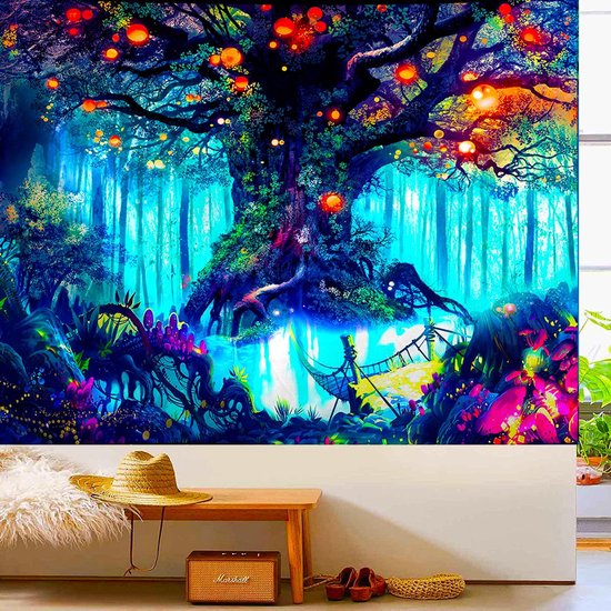 Ulticool - Arbre de Conte de Glow - Tapisserie Décoration Magic - Psychédélique - Toile de Fond pour Tapisserie de Fête à Lumière noire - 200x150 cm - Toile de Fond Lampe UV Réactive - Groot Tapisserie - Affiche - Siècle des Lumières Fluor Néon