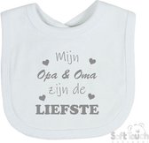 Soft Touch Slabber Slabbetje Slab "Mijn Opa & Oma zijn de liefste" Unisex Katoen Wit/grijs Maat 33x22 Cm