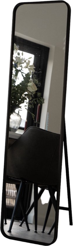 Indore Home - passpiegel - Spiegel staand - 150cm x 40cm - wand - zwarte rand - ronde hoeken