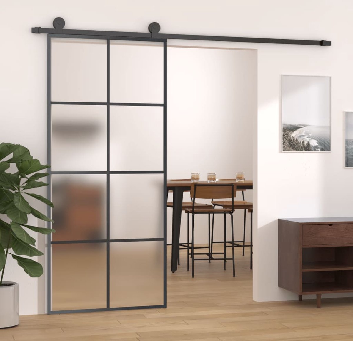 The Living Store Schuifdeur Zwart - Mat ESG-glas - 90x205 cm - Aluminium frame - Stabiel materiaal - Geruisloos rollen - Voldoende privacy - Eenvoudige installatie