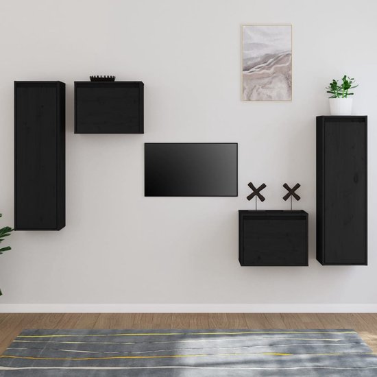 The Living Store Televisiemeubel - Zwart - Massief Grenenhout - Set van 2 - 45x30x35cm - 30x30x100cm