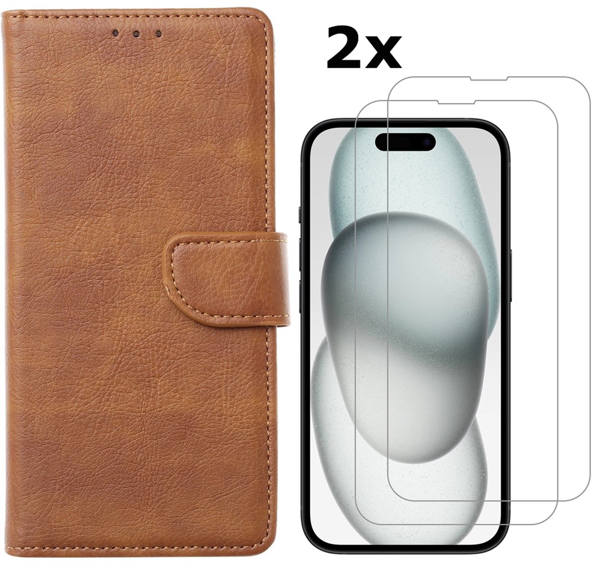 Hoesje Geschikt voor iPhone 15 Plus hoesje bookcase met 2x screenprotector – Bruin