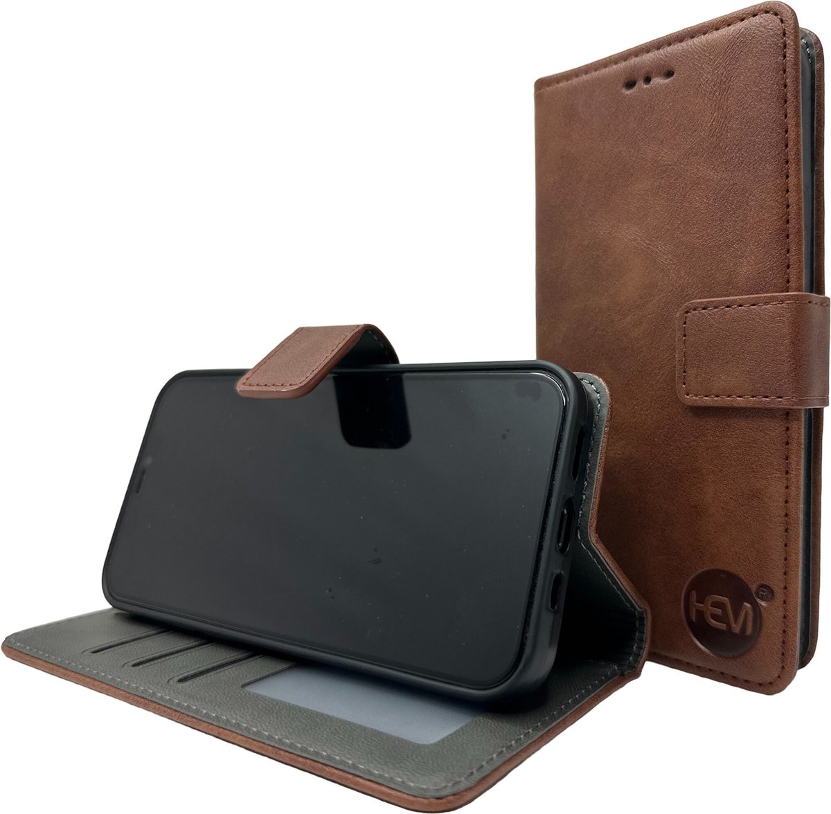 HEM Stylish Book Case (geschikt voor 15 Pro Max) iPhone 15 Pro Max hoesje met 3 pasjesuitsnedes + fotovakje - Portemonneehoesje - pasjeshouder - Bruin