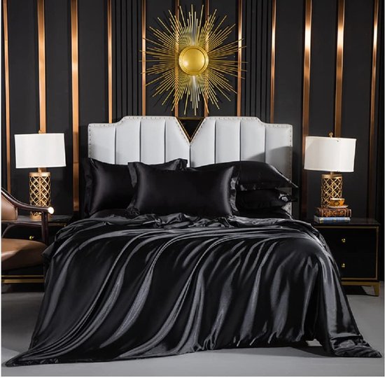 Beddengoed, satijn, zwart, 200 x 200 cm, glanzend, eenkleurig, zwart dekbedovertrek, set zijde, glad, luxe beddengoedset, glanzend satijn, polyester, met ritssluiting en kussenslopen, 80 x 80 cm