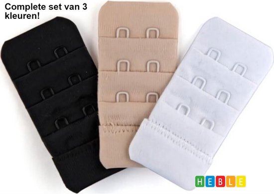 Verlengstukje voor BH - 3-Pack - BH verlengstuk - 2 Haaks - Multipack Verlengstuk - BH verbreden - 3 kleuren - van Heble®