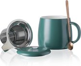 Keramische theemok met zeef, deksel en lepel, 450 ml, grote theebeker voor thee, koffie, melk-magnetron- en vaatwasmachinebestendig, 450 ml, mat groen