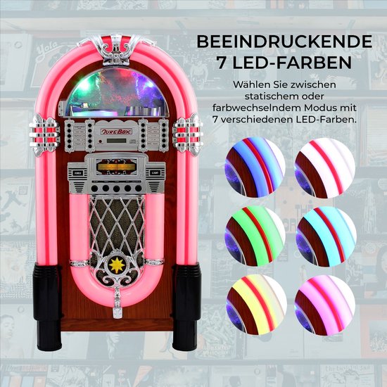 Roze jukebox met "BEÏNDRUCKEND 7 LED-FARBEN" tekst en voorbeelden van LED-kleuren.
