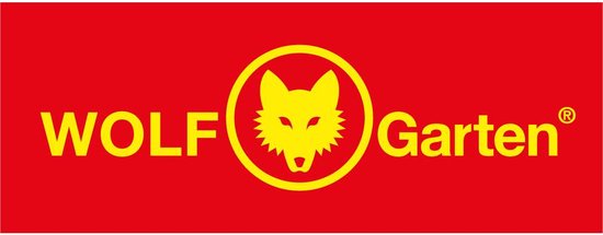 Het rode logo van WOLF-Garten met een gele wolfskop in een cirkel.