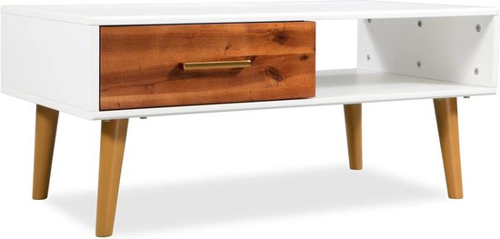 The Living Store Table basse Retro - 90x50x40 cm - Marron/Blanc mat - Bois d'acacia Massief /MDF