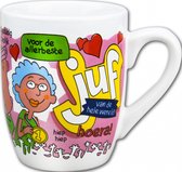Mok - Snoep - Voor de allerliefste juf - Cartoon - In cadeauverpakking met gekleurd lint