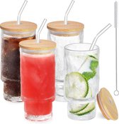 set van 4 cocktailglazen, 350 ml, met deksel, ijskoffieglazen met 4 rietjes, 1 borstel voor water, cocktails, sap, transparant