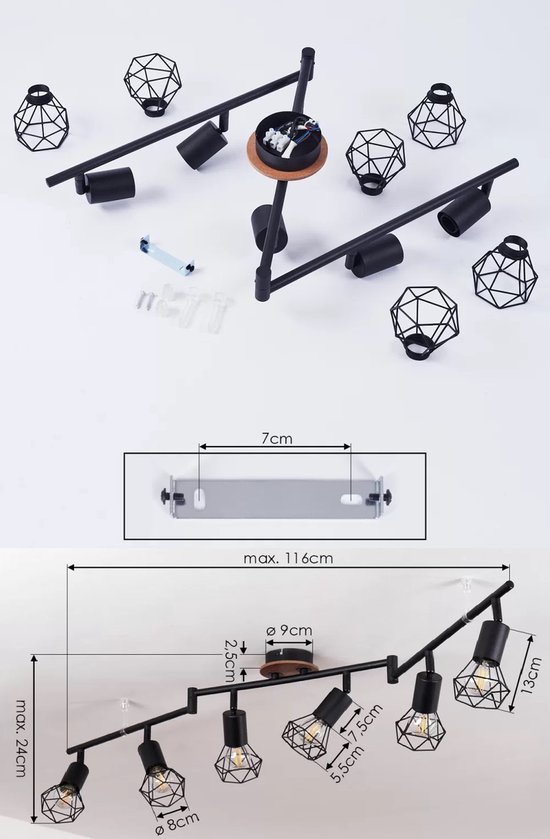 Industriële plafondlamp met 3 spots - Bas