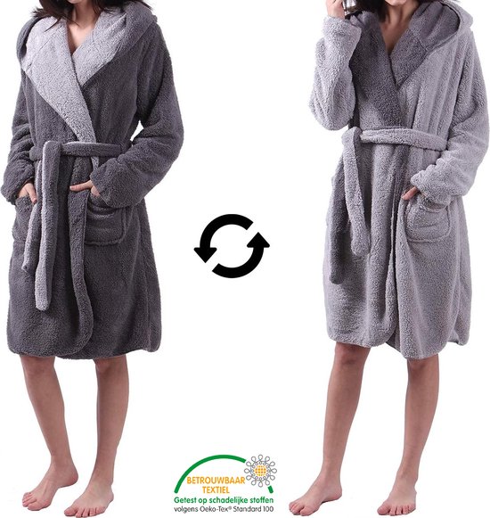 Sorprese Micro Fleece - Badjas - Maat S/M - Lichtgrijs/Donkergrijs - Dubbelzijdig met Capuchon - Ultra Zacht en Warm - Badjas Dames - Badjas Heren - Sauna - Cadeau - Oeko-Tex Standard 100