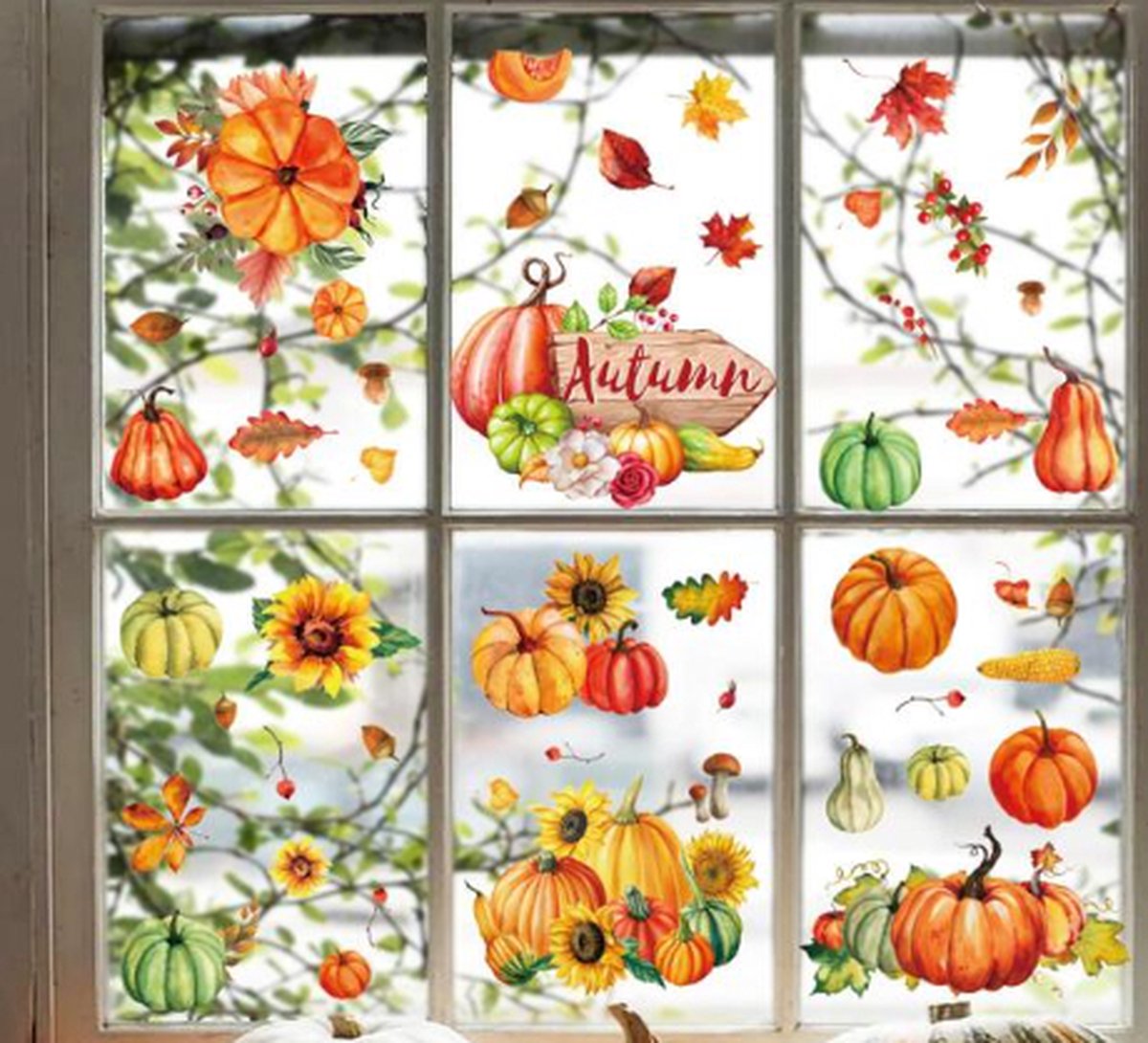 Muursticker Raamstickers Herfst / Autumn - Bladeren - Blad - Esdoornblad - Pompoen - Kalebas | Bos Stickers | Raam Decoratie - Winkel - School - Peuterspeelzaal - Huis - Veranda- Kantoor | Herbruikbaar - Waterdicht - Verwijderbaar | DH collection