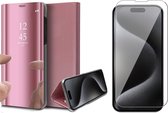 Hoesje geschikt voor iPhone 15 Pro Max - Screen Protector GlassGuard - Book Case Spiegel Roségoud & Screenprotector