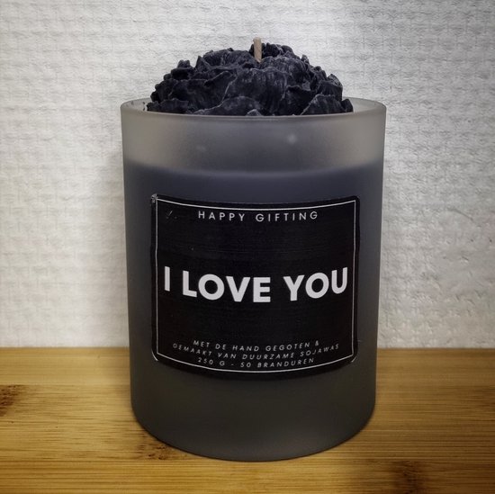 I love you - Soja was geurkaars - Zwarte roos - Kaarsglas transparant - Vanille geur - 250 gram - 50 branduren - Geurkaars - Kaars - Kaars met tekst - Soja was – Handgemaakt – Cadeau – Vanilla - Geschenk – Duurzaam - Valentijn - Valentijnsdag