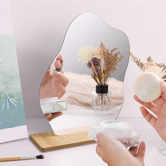 Acryl make-upspiegel, frameloos, decoratieve onregelmatige spiegel, klein,  met houten