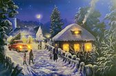 Schilderij groot met ledverlichting - Canvas op houten frame - Dorpstafereel met auto in winterlandschap - 6 x LED - 60 x 40cm - Kerstdorp