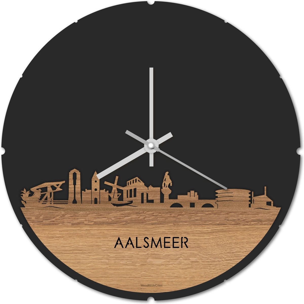 Skyline Klok Rond Aalsmeer Eikenhout - Ø 44 cm - Stil uurwerk - Wanddecoratie - Meer steden beschikbaar - Woonkamer idee - Woondecoratie - City Art - Steden kunst - Cadeau voor hem - Cadeau voor haar - Jubileum - Trouwerij - Housewarming -