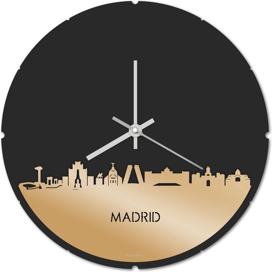 Skyline Klok Rond Madrid Goud Metallic - Ø 44 cm - Stil uurwerk - Wanddecoratie - Meer steden beschikbaar - Woonkamer idee - Woondecoratie - City Art - Steden kunst - Cadeau voor hem - Cadeau voor haar - Jubileum - Trouwerij - Housewarming -
