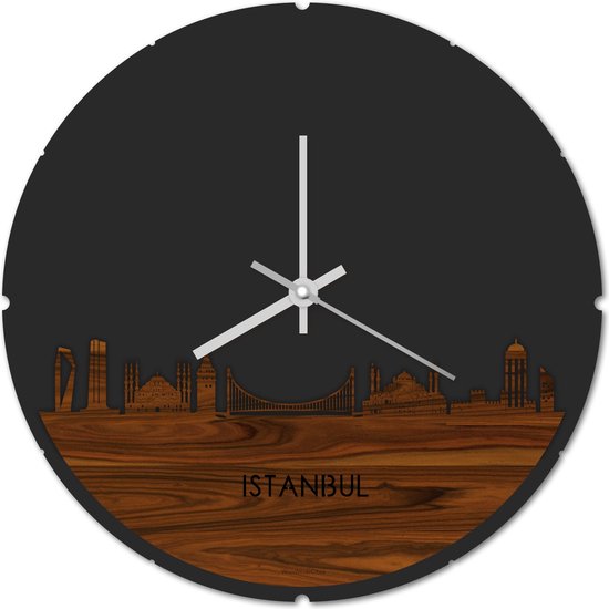 Skyline Klok Rond Istanbul Palissander hout - Ø 44 cm - Stil uurwerk - Wanddecoratie - Meer steden beschikbaar - Woonkamer idee - Woondecoratie - City Art - Steden kunst - Cadeau voor hem - Cadeau voor haar - Jubileum - Trouwerij - Housewarming -