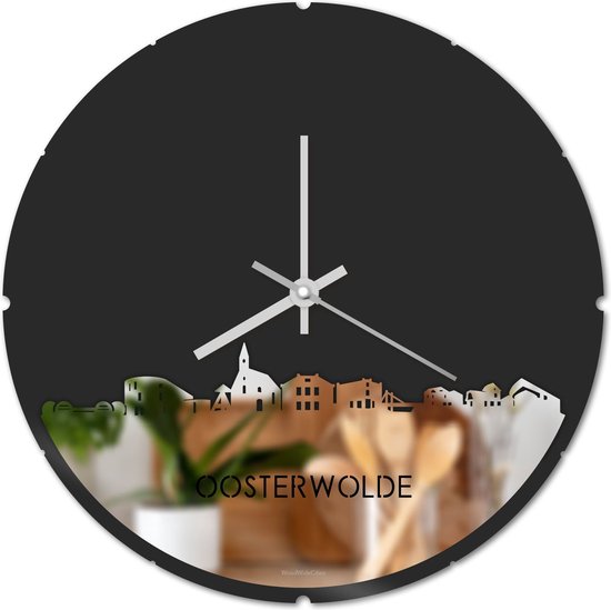 Skyline Klok Rond Oosterwolde Spiegel - Ø 44 cm - Stil uurwerk - Wanddecoratie - Meer steden beschikbaar - Woonkamer idee - Woondecoratie - City Art - Steden kunst - Cadeau voor hem - Cadeau voor haar - Jubileum - Trouwerij - Housewarming -