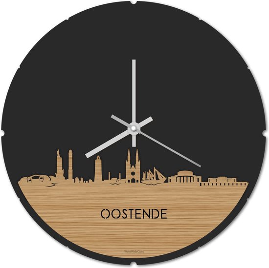 Skyline Klok Rond Oostende Bamboe hout - Ø 44 cm - Stil uurwerk - Wanddecoratie - Meer steden beschikbaar - Woonkamer idee - Woondecoratie - City Art - Steden kunst - Cadeau voor hem - Cadeau voor haar - Jubileum - Trouwerij - Housewarming -