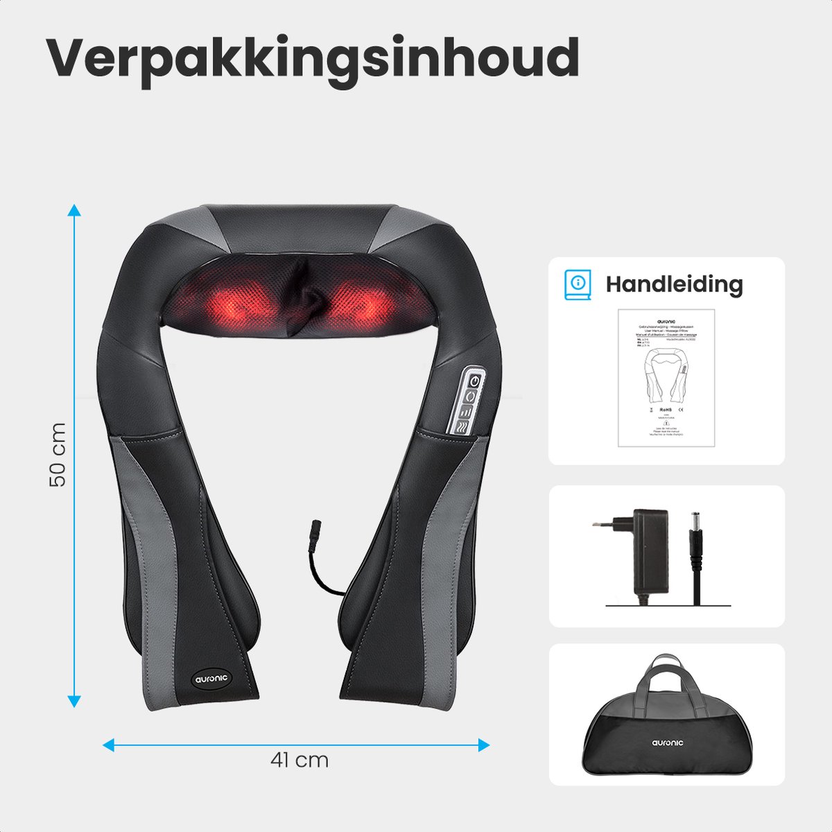 Auronic Shiatsu Massagekussen - Elektrisch Nekmassage Apparaat - Infrarood Warmtefunctie - Nek en Schouder - Inclusief Draagtas - Massage Apparaten - Zwart/Grijs — cadeau in Verzorging - foto 7