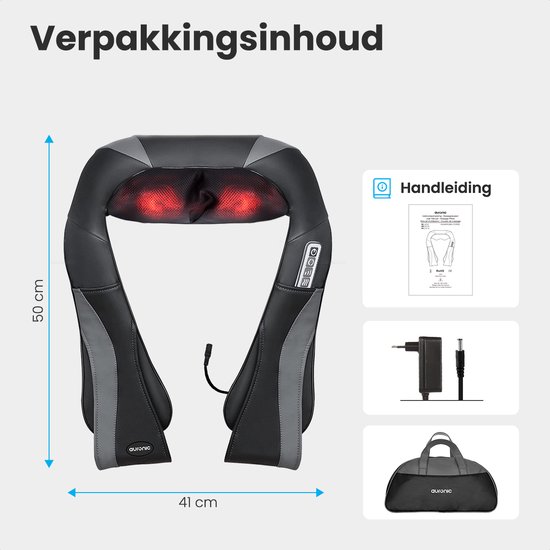 Verpakking van een zwart/grijs nekmassageapparaat, inclusief handleiding, oplader en draagtas. Afmetingen 50x41 cm.