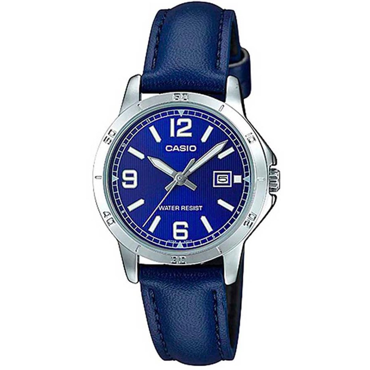 Casio LTP-V004L Serie - Dameshorloge - Blauw Leren Band - Zilveren Kast - Datumweergave