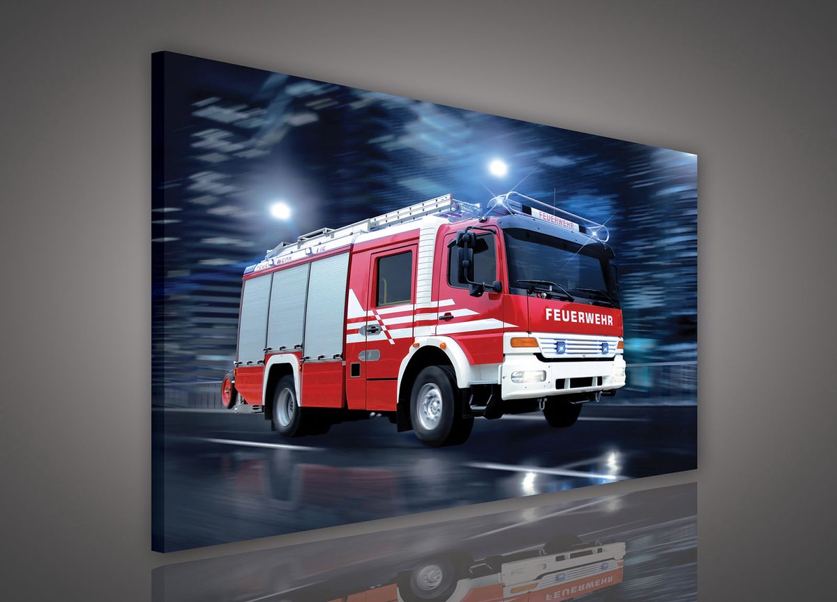 Canvas Schilderij - Brandweerauto - Brandweer - Truck - Vuur - Rood - Inclusief Frame - 60x40cm (lxb)