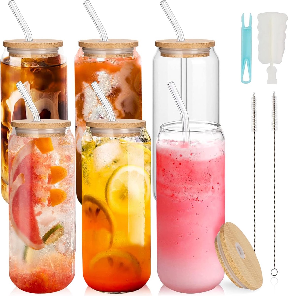 VERRERIE SET 4 Pièces 400ml Gobelets en Verre Nervuré avec Paille en Verre  Verre à Jus